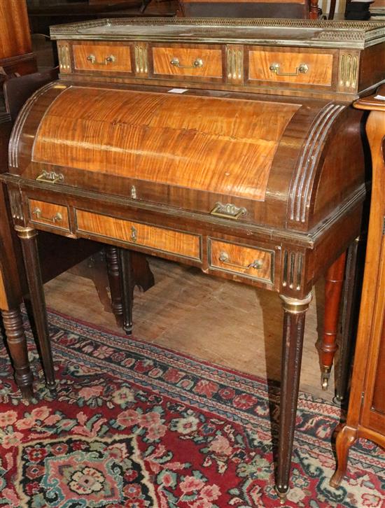 French mahogany cylinder roll top desk, 3ft